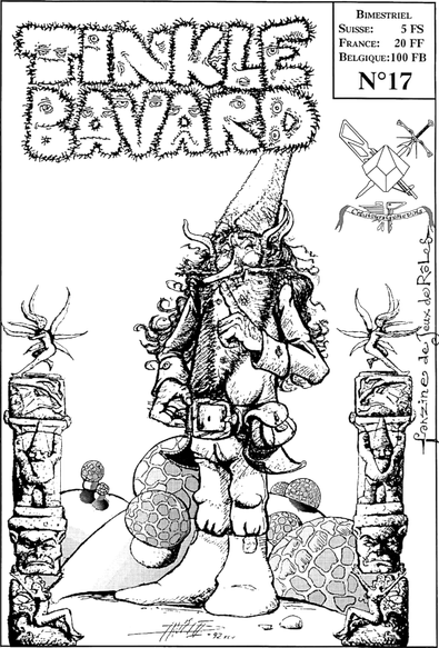 Un gnome barbu devant des champignons, entre deux piliers gravés 