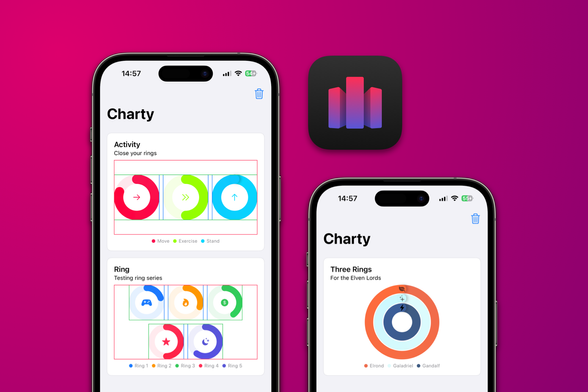 Screenshots of Charty 2.0 showing ring grids, symbols on concentric rings and Charty’s future dark icon for iOS 18.