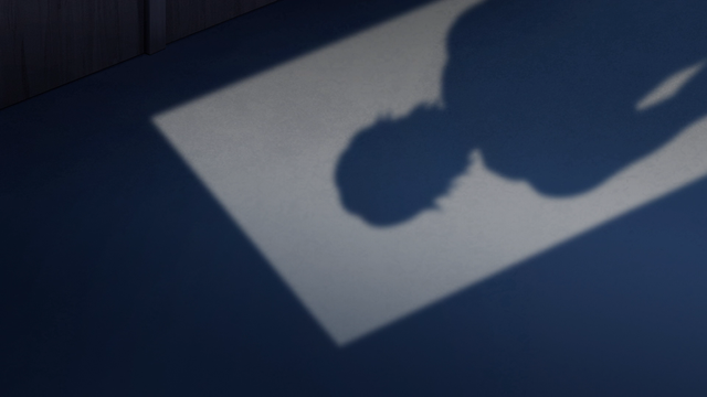 Looking at the floor, the shadow of a person backlit from the light of the hallway coming into the room.