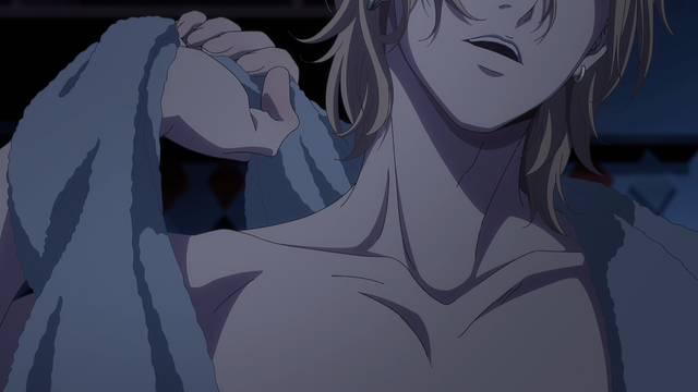 A crop of a teenage boy (Hisahi) showing the bottom half of his face and the upper part of his chest. He's holding onto a towel with one raised hand with the other part of the towel going over his shoulder.