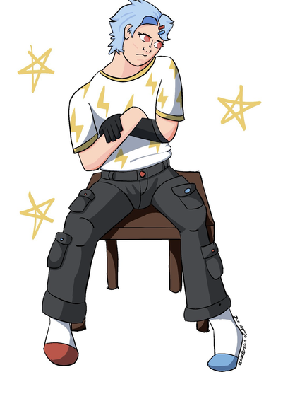a woman with pale skin sitting on a brown stool. her arms are crossed and her legs are spread, sitting in a casual position. her left arm is a prosthetic beginning at the elbow. she has messy short blue hair, wing eyeliner, and a mildly annoyed expression. she also wears a baggy short-sleeve T-shirt with a lightning pattern, and baggy cargo pants with colorful buttons. 