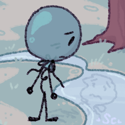 Balloony looking at his refection in a stream of water. There's a pathway that goes around the stream and behind Balloony, the same pathway is seen again going behind him and past a tree.