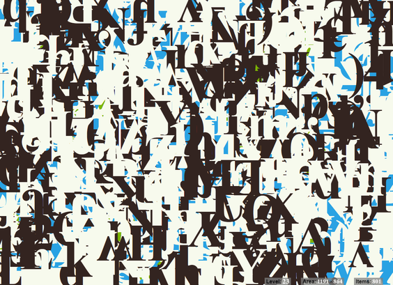 Opaque and background-colored Times New Roman characters scattered randomly in a specific sequence. This one has a smooth, balanced, calm layout. Kind of a "main theme" image.