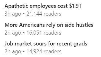 from LinkedIn news headlines of July 22, 2024:
Apathetic Employees cost $1.9T
More Americans rely on side hustles
Job market sours for recent grads