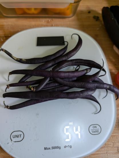 Purple beans on a scale showing 54 ml.