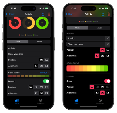 Charty 2.0 screenshots showing two possible solutions for the chart inspector