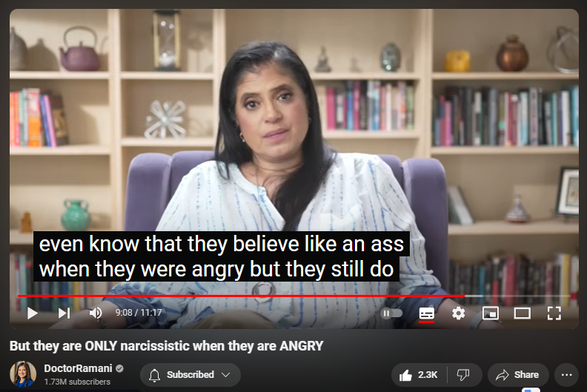 https://www.youtube.com/watch?v=v3ngCG92Mxo
But they are ONLY narcissistic when they are ANGRY

26,612 views  20 Jul 2024
LONDON ENGLAND WORKSHOPS:
September 5-7, 2024
https://www.narcissistic-relationship...

NORTH CAROLINA RETREAT
November 1-3, 2024
https://artoflivingretreatcenter.org/...