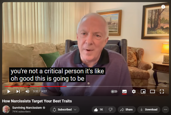 https://www.youtube.com/watch?v=DW985tIBSB8
How Narcissists Target Your Best Traits

9,312 views  Premiered 17 hours ago
The clearest way to determine the presence of narcissism is the willingness to exploit.  Narcissists will seek out your best characteristics with the intent of turning your positives to their advantage.  Rather than becoming cynical, you can stay committed to what is best as you learn their schemes and maintain internal balance.

If you are interested in online therapy, Dr. Carter has a sponsor who can assist.  Go to our sponsor https://betterhelp.com/drcarter for 10% off your first month of therapy with BetterHelp and get matched with a therapist who will listen and help.
If you have any questions about the brand relating to how the therapists are licensed, their privacy policy, or therapist compensation model, check out this FAQ: https://www.betterhelp.com/your-quest...