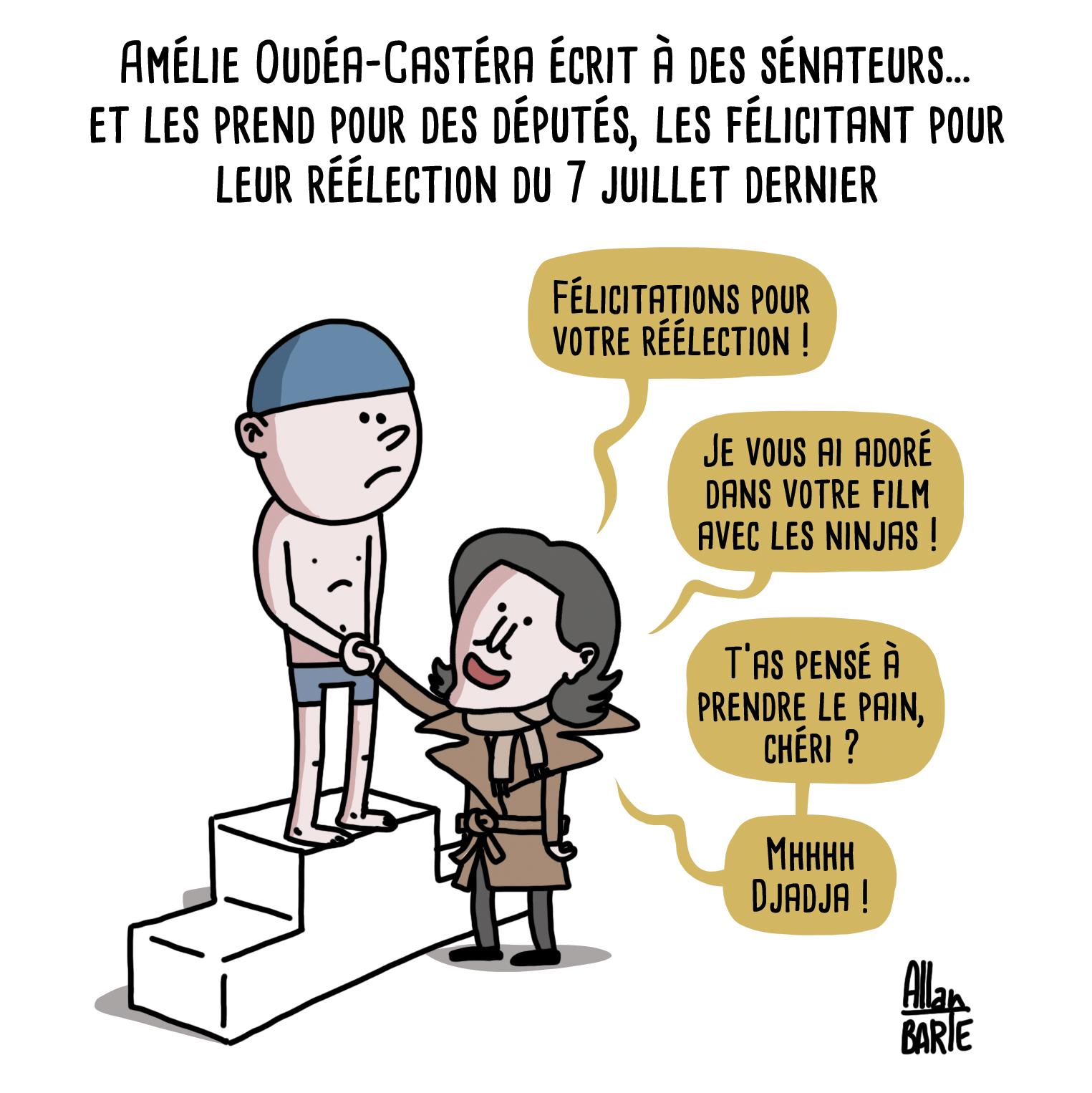 Titre : Amélie Oudéa-Castéra écrit à des sénateurs… et les prend pour des députés, les félicitant pour leur réélection du 7 juillet dernier

Amélie Oudéa-Castéra serrant la main à un nageur interloqué posté en haut d'un podium
- Félicitations pour votre réélection !
- Je vous ai adoré dans votre film avec les ninjas !
- T’as pensé à prendre le pain, chéri ?
- Mhhhh Djadja !