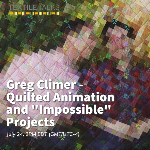 Promo slide. Background, a colorful quilt of small squares with a larger grud quilted at an angle to the pieces. The pattern is a pixilated image of two people walking side by side (I think). Text overlay is event information, already in post.
