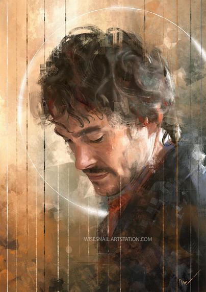 Digital portrait of Hugh Dancy as Will Graham. Only his head and part of the torso are visible. He is looking down, with his eyes closed. The portrait is quite textured, especially in the clothes and background. The main tones are orange and blue, with a dash of red in the scarf Will is wearing, and brown in his curls. A bright white halo completes the painting.   