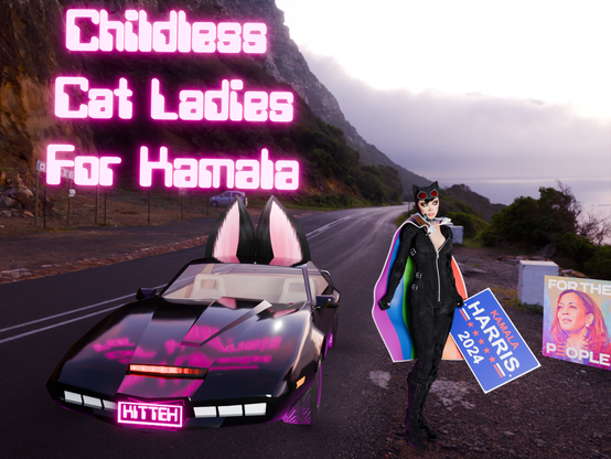Cat Woman, placing Kamala 2024 signs along a california highway.
she is driving KITTEH, a car based on the 1980's show KnightRider, but it has large cat ears.

Made in Blender. Models are from Sketchfab.

Cat Woman is also wearing a pride flag.