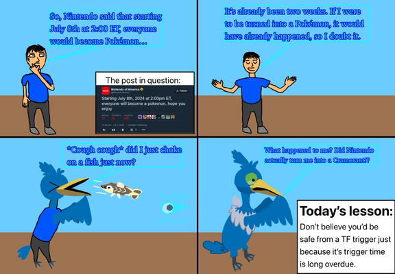 A four panel comic of Justin being Transformed into A Cramorant (from the pokemon games)