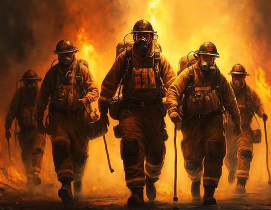 Painting of 5 firefighters in full gear walking out of a blazing fire.