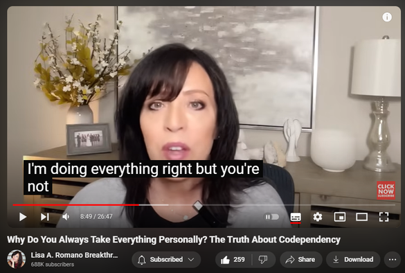 https://www.youtube.com/watch?v=hBRRHJr9ct0
Why Do You Always Take Everything Personally? The Truth About Codependency
Awareness is key when wishing to heal from codependency. 

✅ Register for my most popular groundbreaking transformational and psychologist-approved online healing program
https://www.lisaaromano.com/12wbcp 

Take the FREE Codependency Quiz
https://www.lisaaromano.com

Listen to One of My Books for Free
amazon.com/author/lisaaromano

✅ Join My Membership Program (Programs, Journaling Prompts, Live Group 
https://www.lisaaromano.com/breakthro...

✅https://apps.apple.com/us/app/loving-...

👂Podcast Breakdown to Breakthrough 
http://bit.ly/2wndwHI_LARSpotify

🎯   Join my online Facebook Support Group
  / adultchildrenofalcoholics