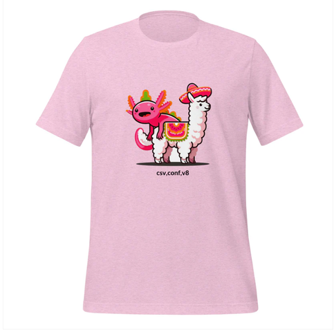 pink t-shirt with the csv,conf,v8 logo
