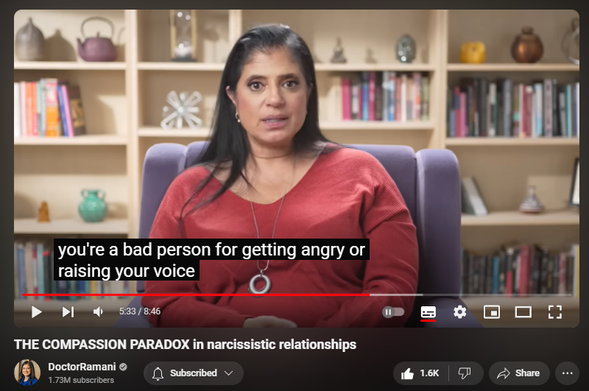 https://www.youtube.com/watch?v=HyLrGl8RAYM
THE COMPASSION PARADOX in narcissistic relationships


18,229 views  23 Jul 2024
LONDON ENGLAND WORKSHOPS:
September 5-7, 2024
https://www.narcissistic-relationship...

NORTH CAROLINA RETREAT
November 1-3, 2024
https://artoflivingretreatcenter.org/...

ORDER MY NYT BESTSELLING BOOK 📖 "IT'S NOT YOU"
https://smarturl.it/not-you