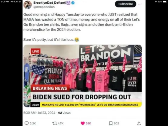 Photo from news article regarding a merchant who lost money on "Let's Go Brandon" shirts.
