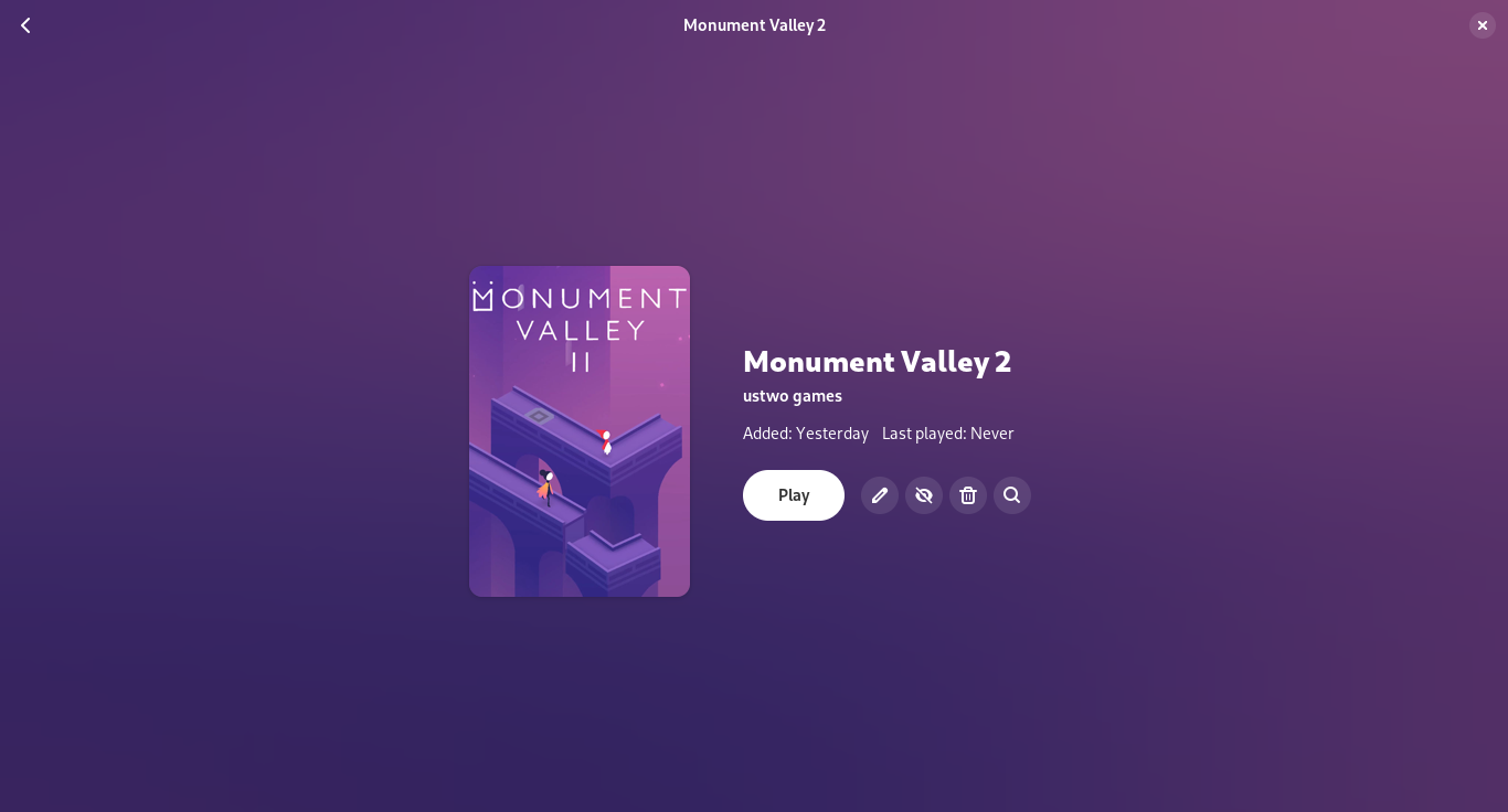 A screenshot showing details about Monument Valley 2 in the Cartridges app with a beautiful gradient based on the cover art as the background