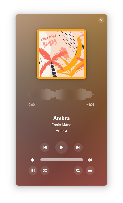 A screenshot showing the Amberol app playing some music with a similarly-generated background