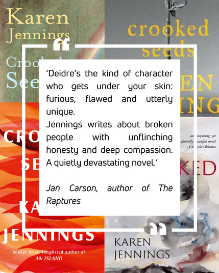 Background: cover images of 'Crooked Seeds' by Karen Jennings, published in the US, UK, India, South Africa