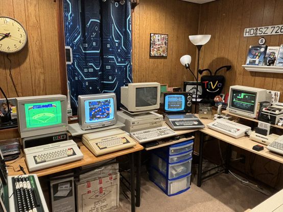 From left to right: Tandy Color Computer 2, TRS-80 64K Color Computer, Tandy 3000 NL, TRS-80 Color Computer, Tandy Color Computer 3.