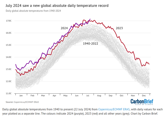 Daily global absolute temperatures from 1940 to present (22 July 2024) from Copernicus/ECMWF ERA5, with daily values for each year plotted as a separate line. The colours indicate 2024 (purple), 2023 (red) and all other years (grey). Chart by Carbon Brief. 