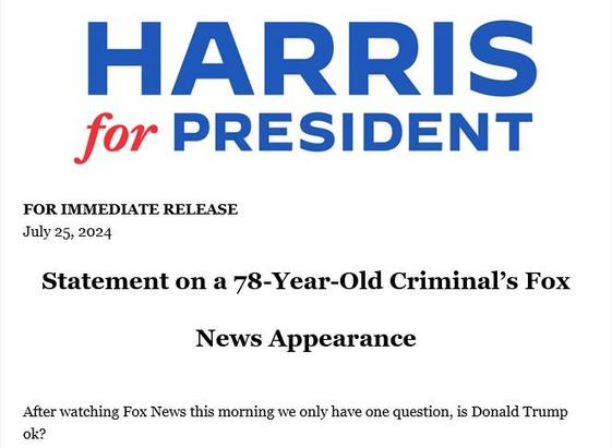 Screen capture of statement released by the Kamala Harris campaign, titled "Statement on a 78-Year-Old Criminal’s Fox News Appearance"