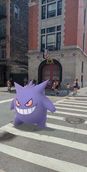 A Pokémon GO AR photograph of Gengar at the Ghostbusters' Hook and Ladder Firehouse.