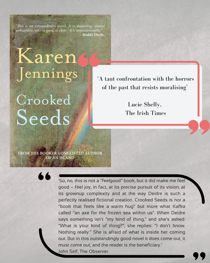 top left: book cover of 'Crooked Seeds' by Karen Jennings; right & bottom right: quote boxes