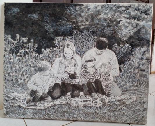 a painting of a family sitting on a blanket in a forested area, four children, the parents holding them and looking at them adoringly 