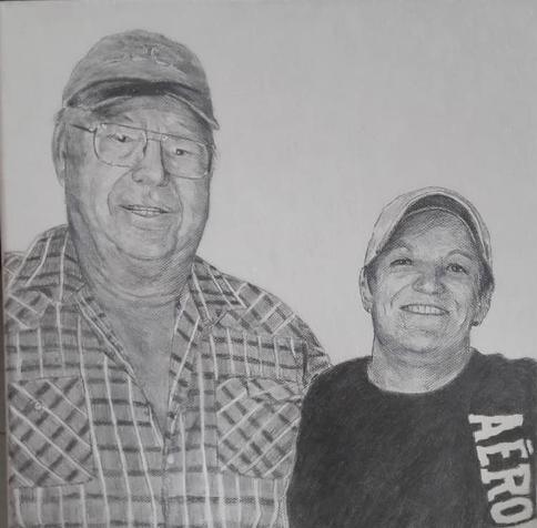 a painting of a father and his daughter, he is wearing a flannel shirt and is tall, wearing glasses, she is smiling, wearing a baseball cap and a t-shirt, a white background behind them 