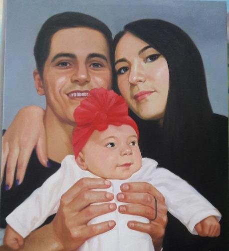 a painting of a father , mother, and baby, the baby is being held up by the man, he is smiling, his wife leaning into him, her arm around his neck, the baby wears a white pajama suit and a large red ribbon on her head, a grey background 