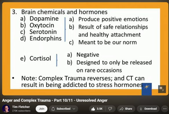 https://www.youtube.com/watch?v=0cHDkskc6HM
Anger and Complex Trauma - Part 10/11 - Unresolved Anger

105,409 views  Streamed live on 14 Sept 2019
GET STARTED With a FREE Preview to our 12 Basic Needs Course: https://bit.ly/3UQcWeq 
Website: https://bit.ly/3ybk8Jf 
Do You Have Complex Trauma? Take the QUIZ: https://bit.ly/3QGbzMV 
*****
What happens to us if we are not able to resolve anger and the only solution we have is to stuff it down?