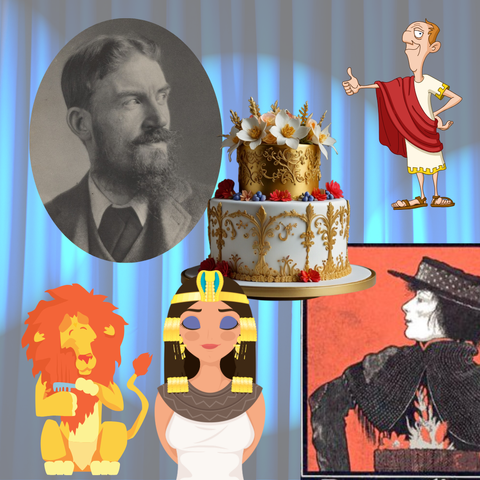 top left: photo of G B Shaw; centre: image of a decorated cake; top right: cartoon image of Julius Ceasar; bottom right: poster of Mrs Patrick Campbell as ELiza Doolittle from Pygmalion; centre bottom: cartoon graphic of Cleopatra; bottom left: cartoon graphic of a  lion combing its mane.