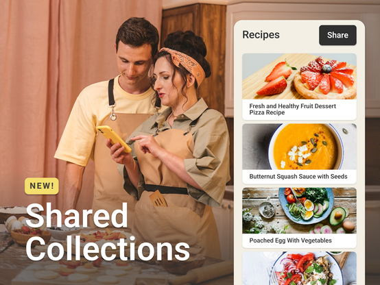 Two people in a kitchen about to cook, looking at a phone. An overlay shows the phone's screen: a collection of recipes, along with a "Share" button.
