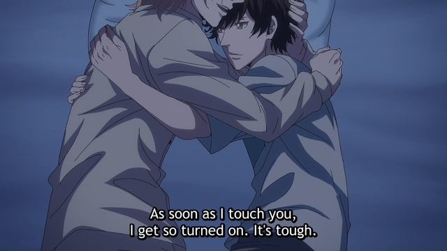 Two teenage boys (Hisashi and Mao) holing one another in a bed with one saying, "As soon as I touch you, I get so turned on. It's tough."