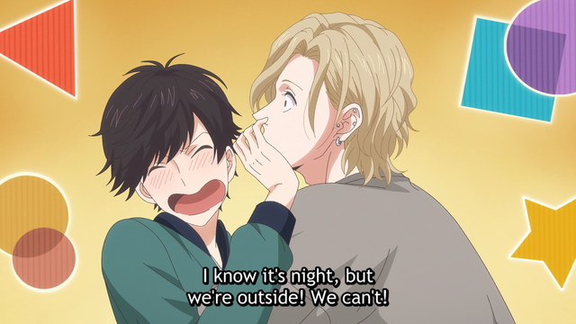 A teenage boy (Mao) putting his hands on the mouth of a teenage boy (Hisashi) who appears surprised. A subtitle of Mao is on screen with him saying, "I know it's night, but we're outside! We can't!"
