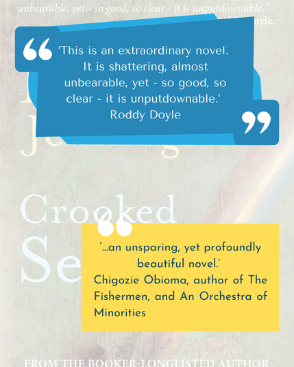 background image : semi-opaque image of book cover to 'Crooked Seeds' by Karen Jennings; top : quote box in blue; bottom: quote box in yellow