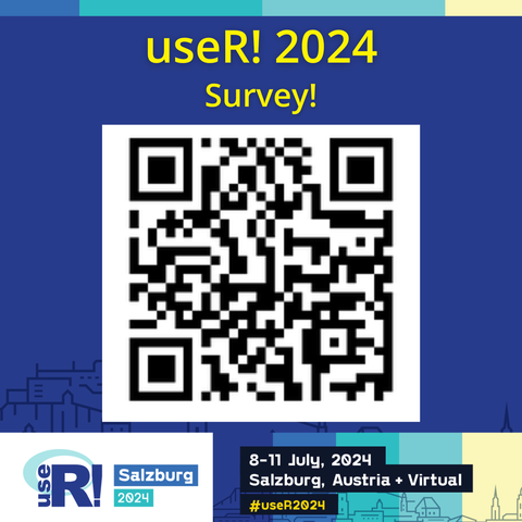 Graphic with a QR code linking to a survey for useR! 2024.