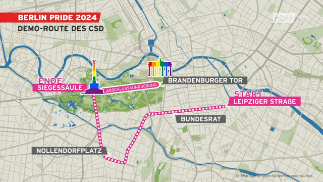 For many years, the demonstration of the LGBTQIA* community in Berlin has been a colorful event with an appeal far beyond Berlin. The organizer, Berliner CSD eV, is expecting 75 trucks and around 100 walking groups. The route runs from Leipziger Straße via Potsdamer Platz, Nollendorfplatz and the Victory Column to the final rally in front of the Brandenburg Gate. A total of 500,000 participants and visitors are expected again.
 
From 1:00 p.m., rbb will report live directly from the route at the Philharmonie: on rbb television, on the rbb YouTube channel and - brand new - on the ARD Twitch channel. Users have the opportunity to send their comments and questions directly to the live stream via the streaming portals.
 
Moderator Florian Prokop welcomes a whole series of exciting guests: including Marcel Voges as spokesman for the Berlin CSD eV, the Governing Mayor Kai Wegner (CDU), the journalist and entrepreneur Felicitas Mutterer (FC Viktoria Berlin), drag star Sheila Wolf and two representatives from the Twitch streamer collective "Rainbow Revolution".
 
Ronja Bachofer and Thomas Rostek collect voices and moods directly from the Berlin Pride 2024 route.
 
Moderation: Florian Prokop
Reporters on the route: Ronja Bachofer and Thomas Rostek