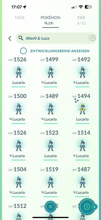 A mobile game interface showing multiple Lucario Pokémon with varying CP (Combat Power) levels.