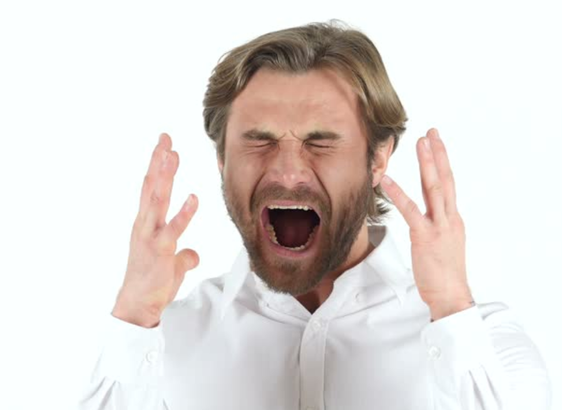 A man with light-coloured hair holds his hands up and screams uncontrollably.

[image cred: Shutterstock via Duck Duck Go image search]