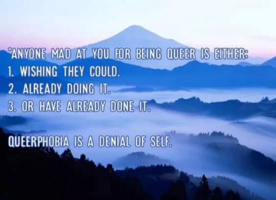 A picture of blue foggy mountais with text in front of. The text goes: 
"ANYONE MAD AT YOU FOR BEING QUEER IS EITHER:

1. WISHING THEY COULD.

2. ALREADY DOING IT.

3. OR HAVE ALREADY DONE IT.

QUEERPHOBIA IS A DENIAL OF SELF.