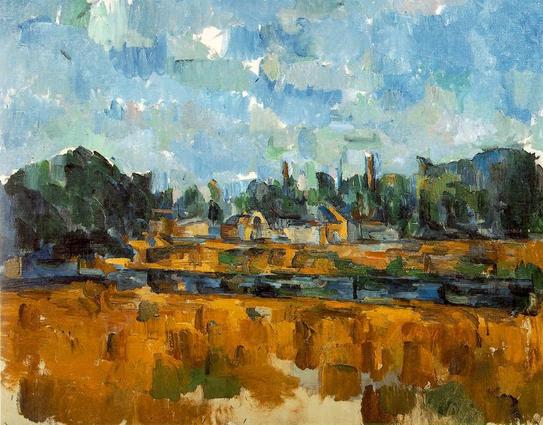 a painting, it is unfinished, the brush dabbed against the surface, a blue sky, a field of tan grasses, some buildings in the distance and trees, a blue sky with clouds above 