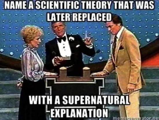 A screenshot from the show Family Feud with two people at the buzzer. The host says, "Name one scientific theory that was later replaced with a supernatural explanation.