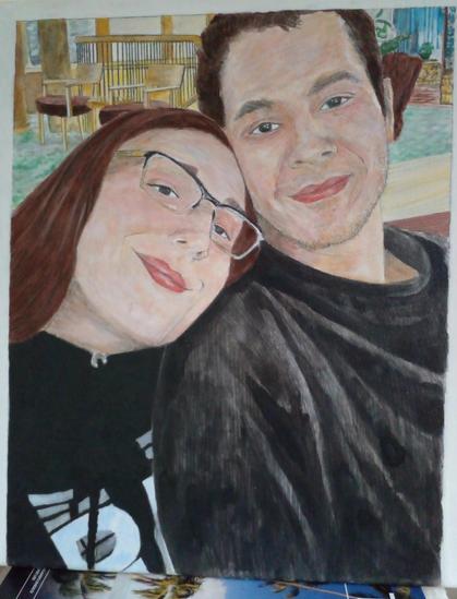 a painting of a slender woman with long brown hair leaning against her husband, they are wearing dark long sleeved sweatshirts and sweaters, looking at the viewer, a hotel lobby background behind them 