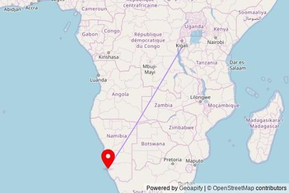 A map showing the great circle route from Gitega in Burundi to a map pin at Christian Assemblies Church, Middle Street, Lüderitz 23016, Namibia