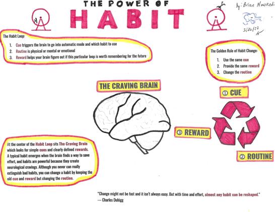 "Visual Summary of 'The Power of Habit' by Charles Duhigg, illustrated by Brian Nwokedi. This image explains the core concepts of habit formation, the habit loop (cue, routine, reward), and how to instill positive habits while overcoming bad ones. The summary highlights the importance of understanding triggers and rewards to effectively change behavior and improve personal and professional life. Created by Brian Nwokedi."