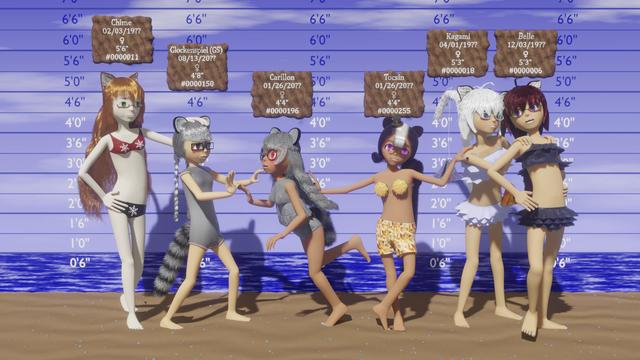 Swimsuit ref of my girls. Chime one hand on her hip, other on GS's head. GS reacting to a falling Carillon. Tocsin smiling have knocked her over. Kagami pulling on Belle's shoulders.